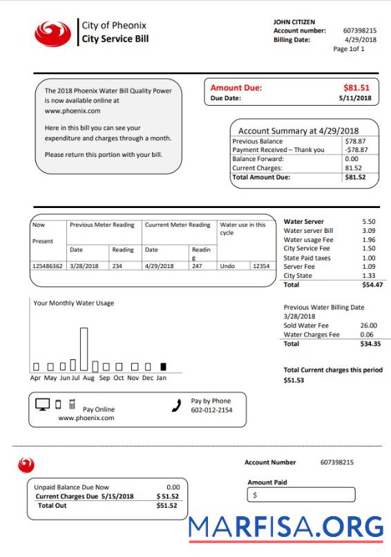 Blank USA Arizona City of Phoenix utility bill template in Word and PDF format